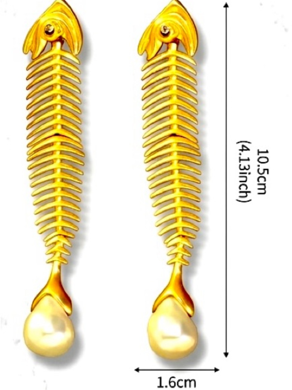 Vintage Imitation Pearl Gold Fishbone Drop Earrings - Picture 6 of 6